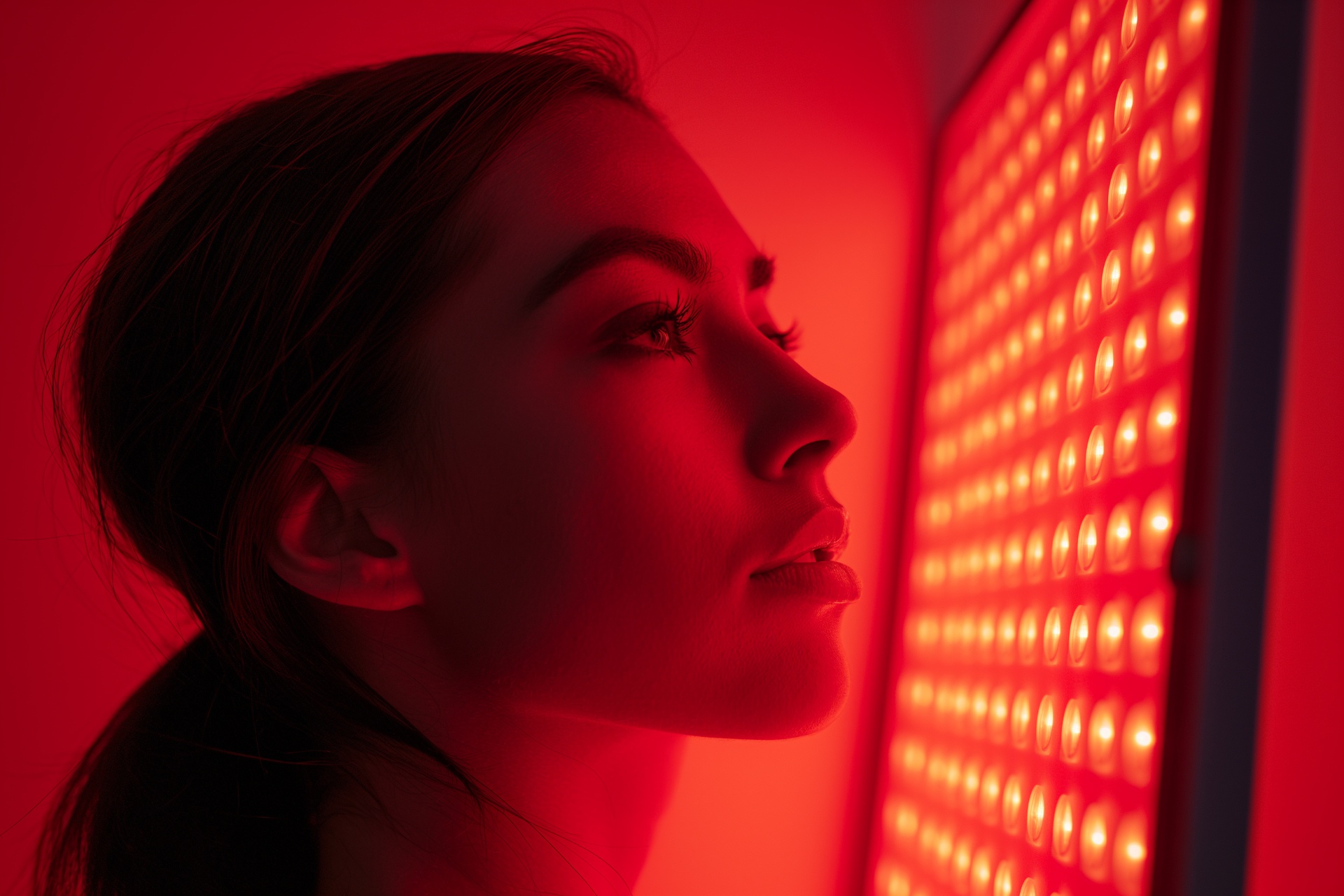 Red light facial photobiomodulation therapy for skin rejuvenation Red light facial LED therapy session showing therapeutic red wavelengths penetrating skin at REDSOL Wellness Club League City TX
