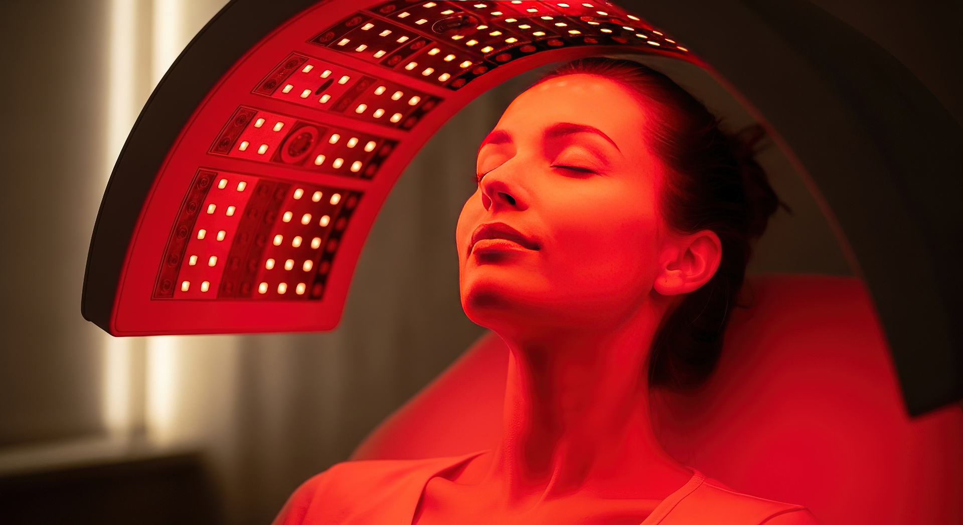 Professional red light facial treatment with curved LED panel at REDSOL Wellness Club League City TX