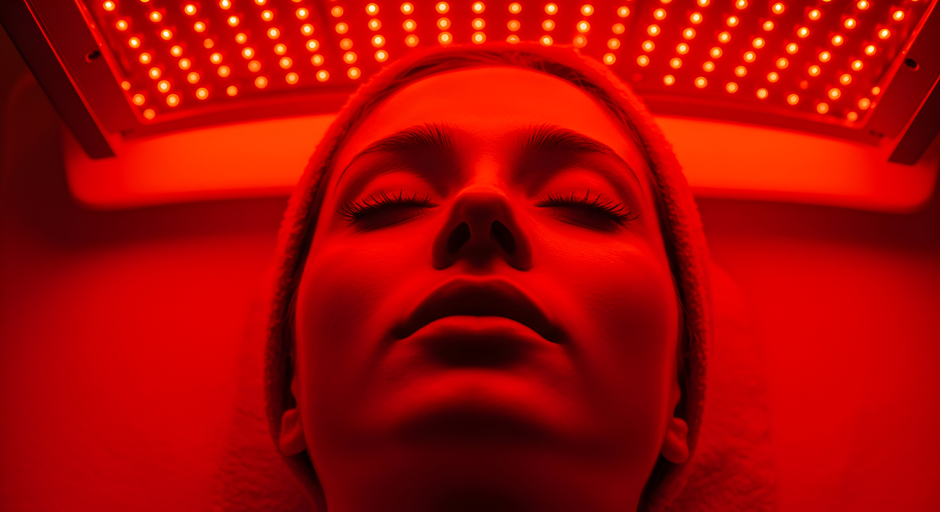 Red light facial therapy for acne, aging skin, and skin rejuvenation Overhead view of red light facial therapy session showing LED panel coverage for collagen stimulation at REDSOL Wellness Club