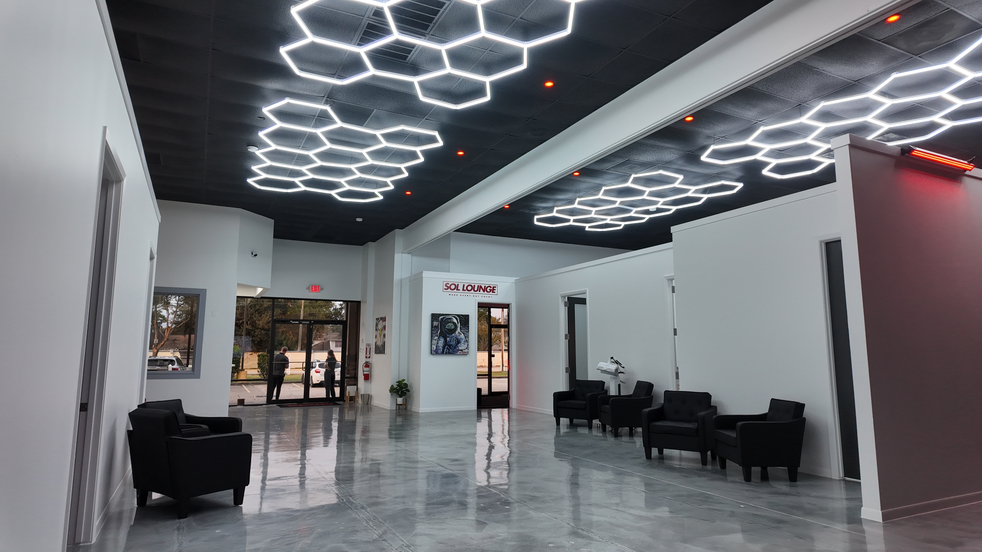 REDSOL Sol Lounge wellness interior with modern hexagon lighting in League City Texas