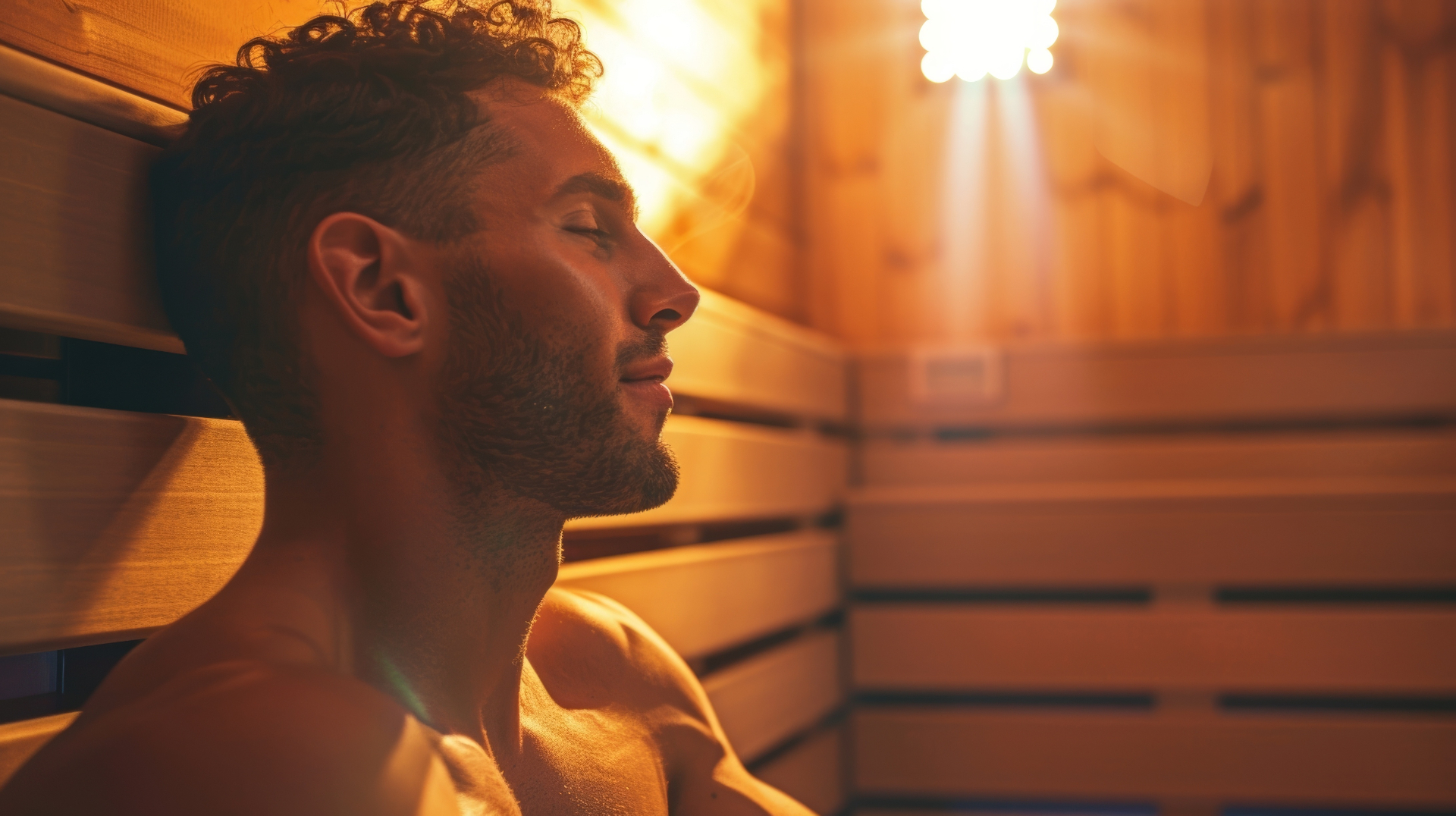 Infrared sauna step 03 - After Your Session Man relaxing after infrared sauna session in warm golden glow at REDSOL Wellness Club League City TX