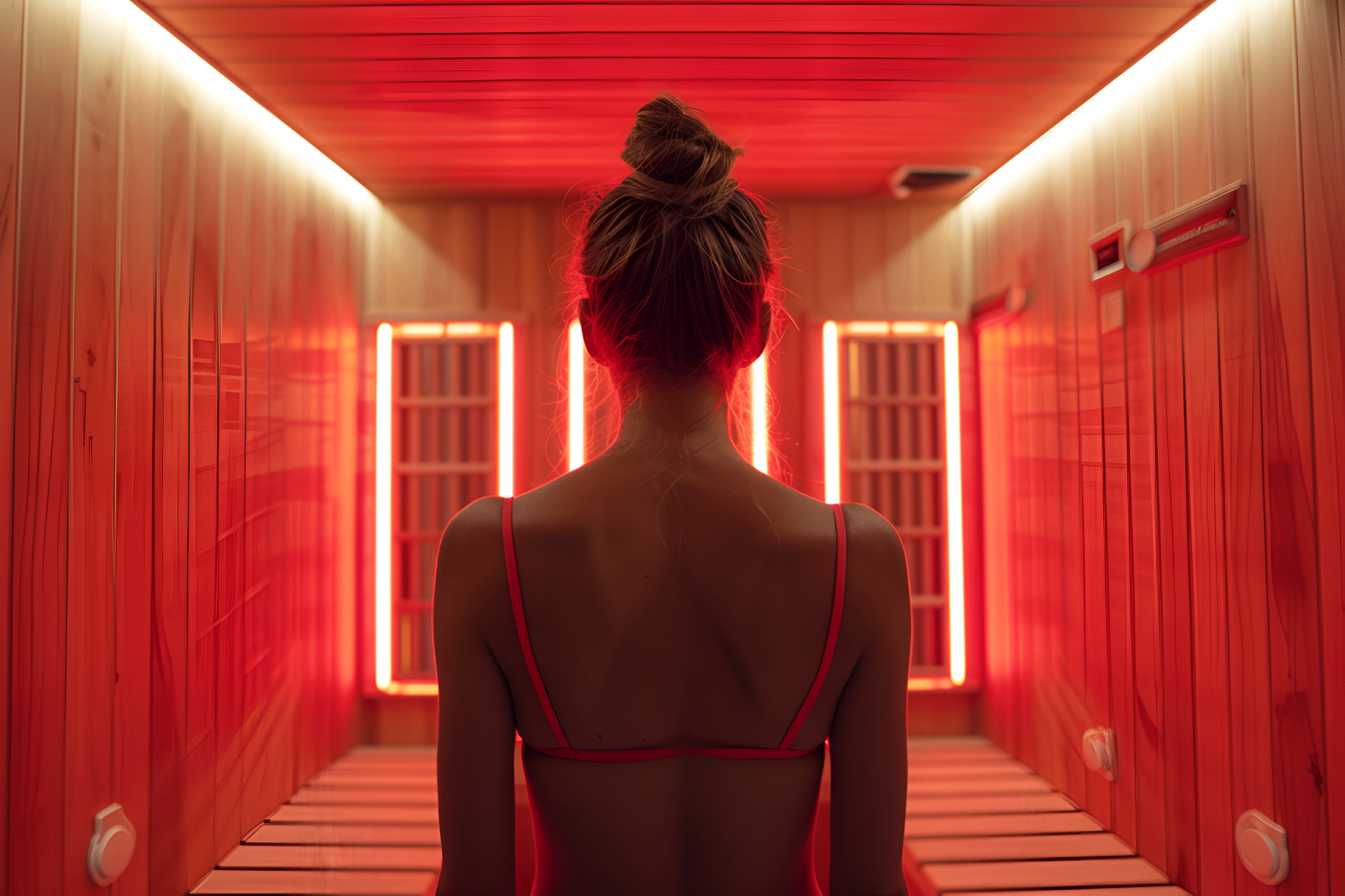 Infrared sauna therapy — far infrared wavelengths for deep tissue penetration Woman standing in front of infrared sauna panels with therapeutic red light at REDSOL Wellness Club League City TX