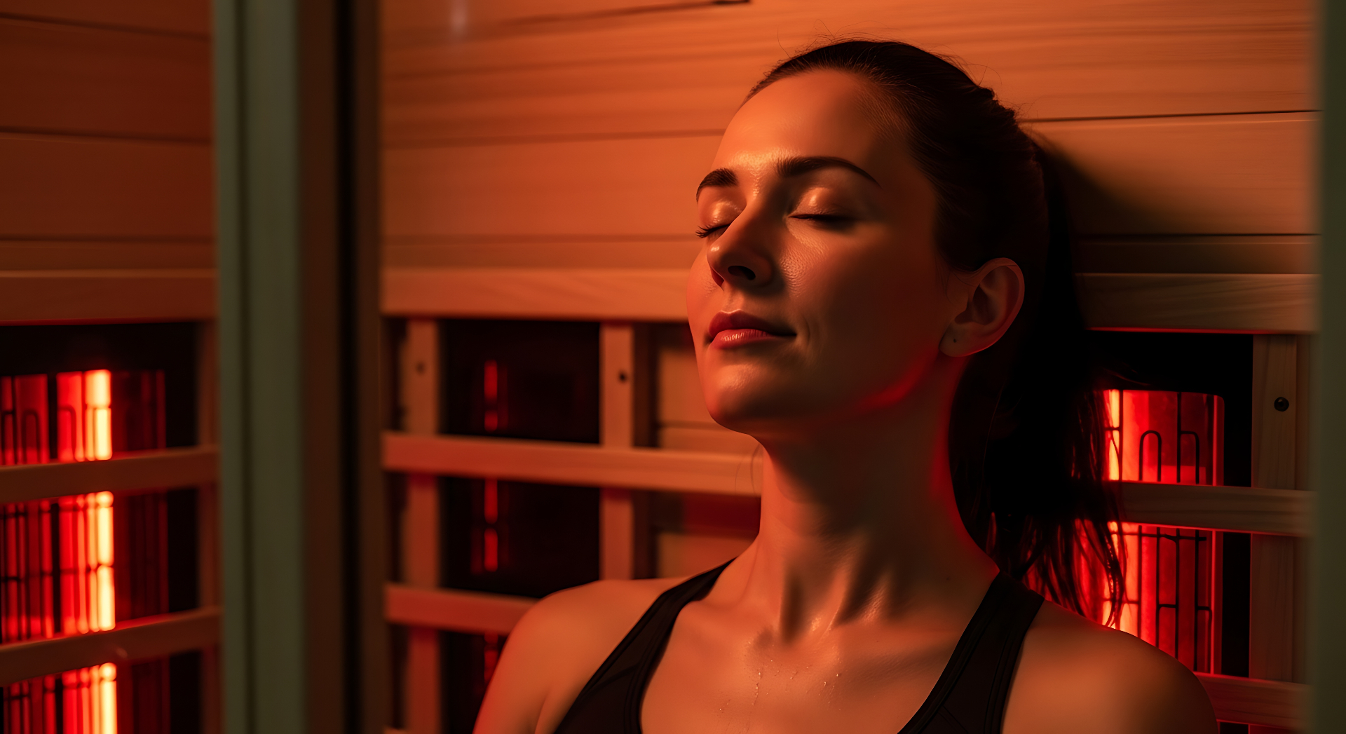 Infrared sauna step 02 - During Treatment Woman relaxing during infrared sauna therapy session with red light glow at REDSOL Wellness Club League City TX