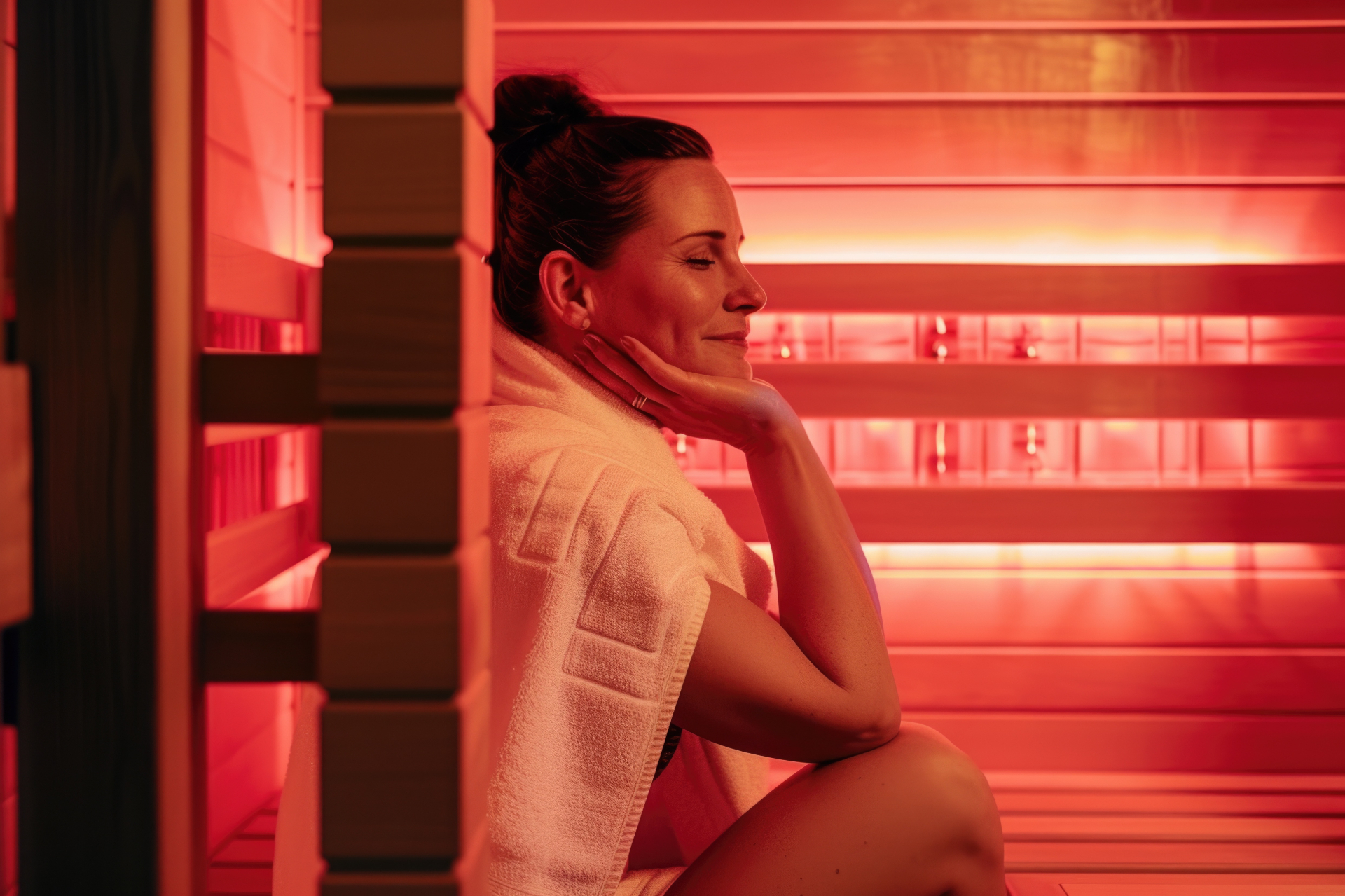 Infrared sauna step 01 - Before Your Session Woman preparing for infrared sauna therapy session with towel at REDSOL Wellness Club League City TX